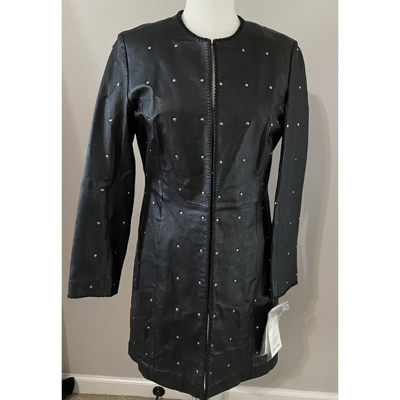 PAMELA MCCOY Collections Black Leather Silver Studded Coat SZ Small NWT
